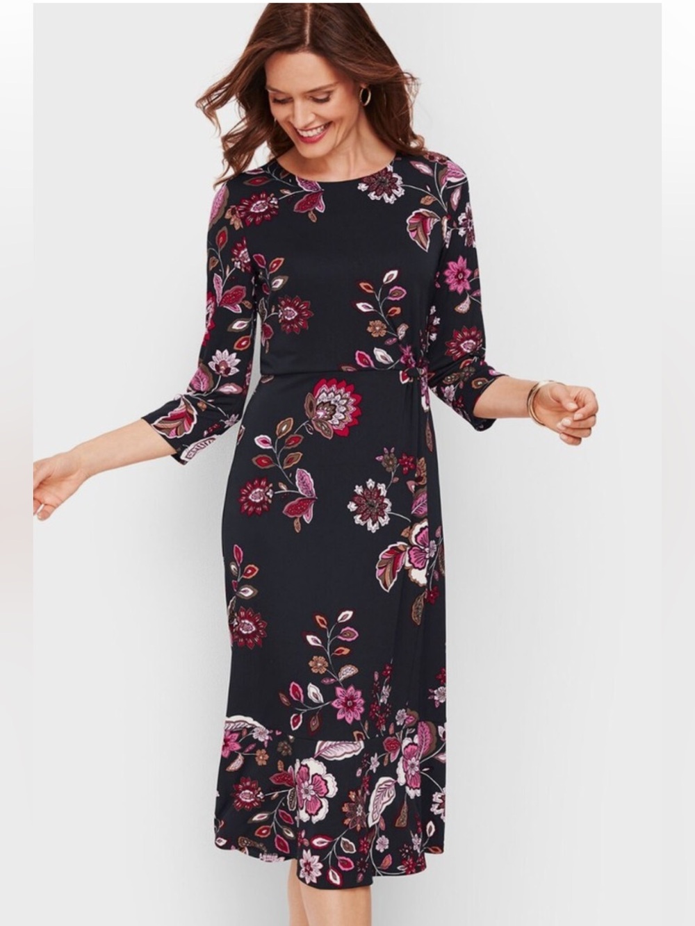 Talbots 14 black flounce hem Floral Midi faux Wrap stretch Dress